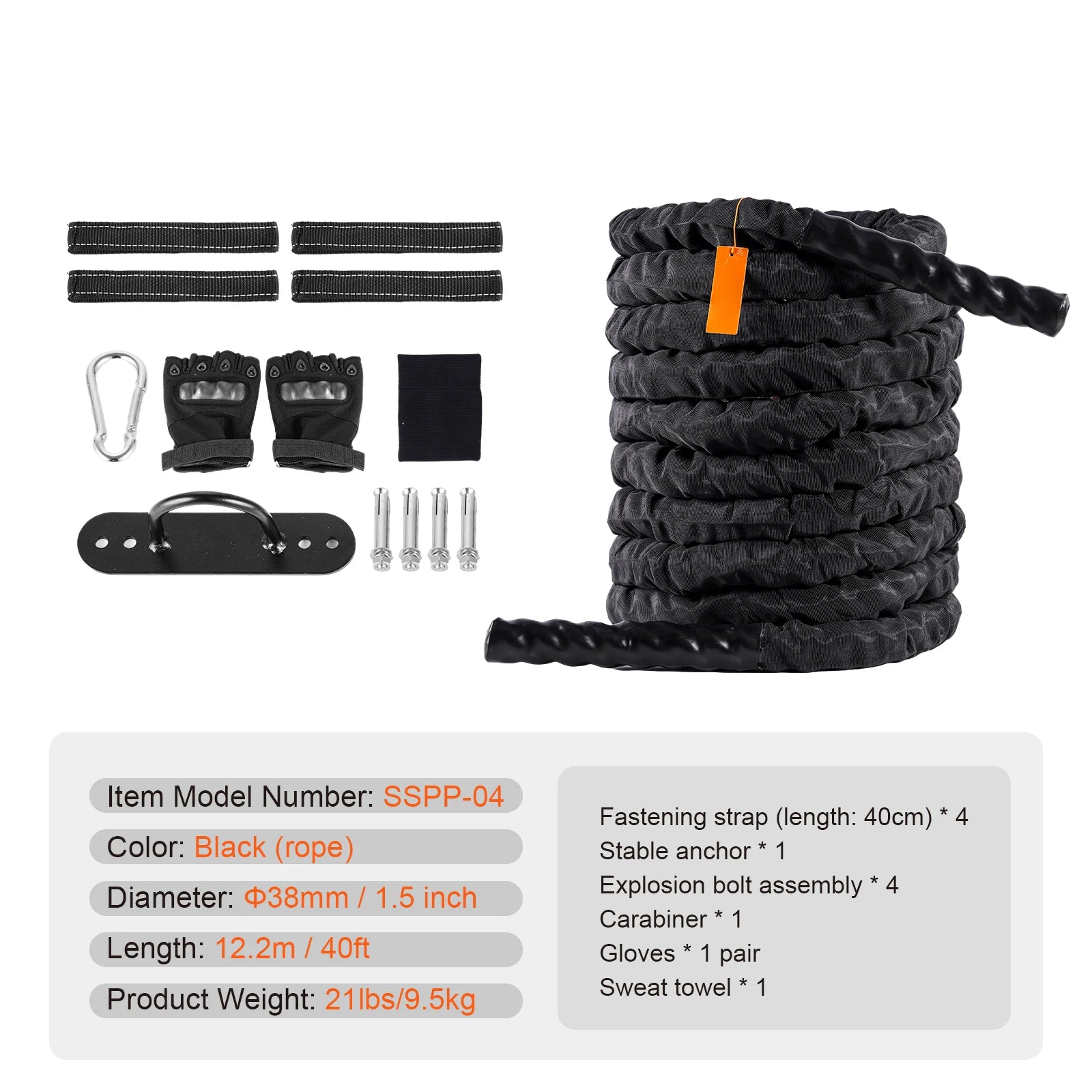 Succebuy Battle Rope Polyester Exercise Rope Battle Exercise Equipment with Protective Sleeve Anchor Heavy Weighted Pull Rope
