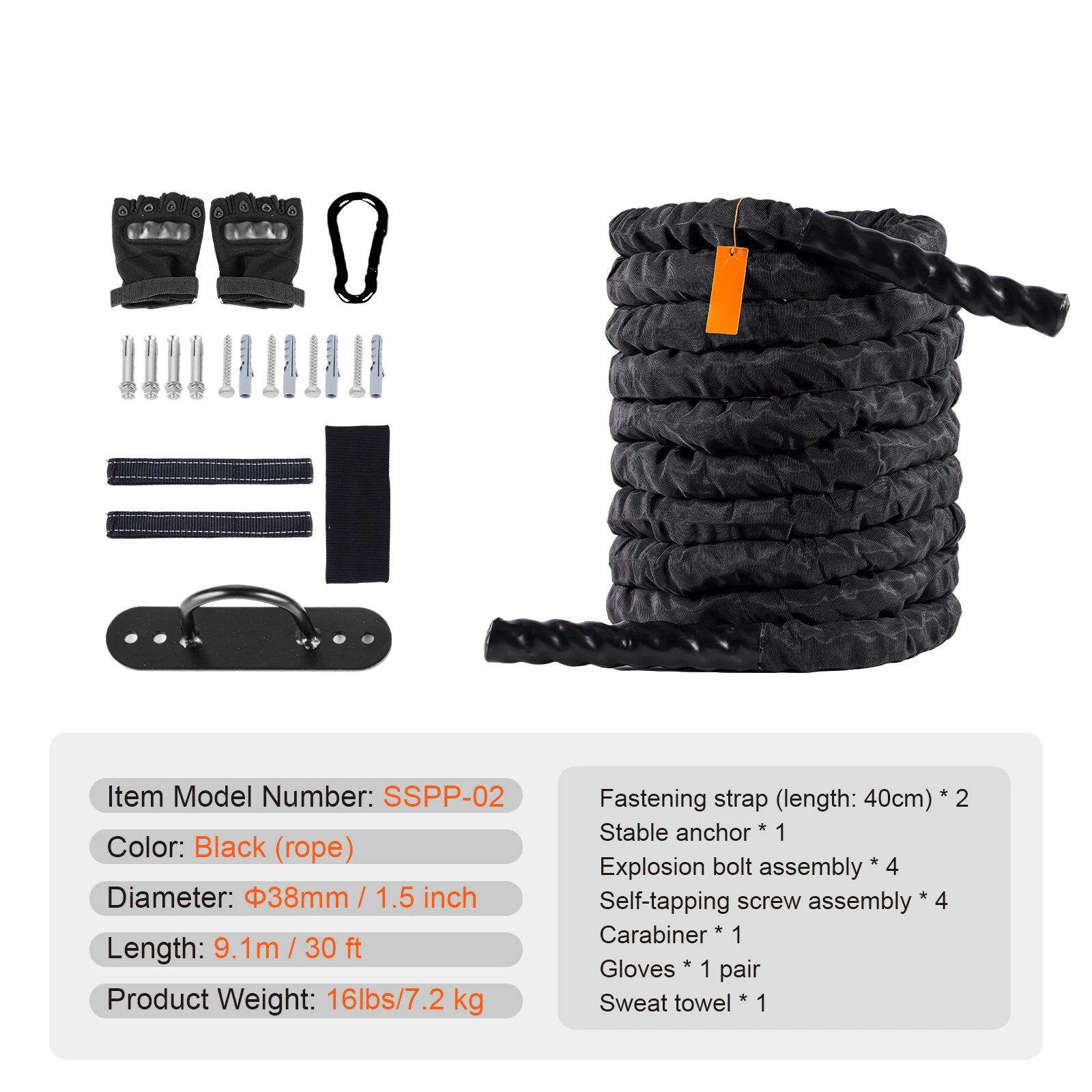 Succebuy Battle Rope Polyester Exercise Rope Battle Exercise Equipment with Protective Sleeve Anchor Heavy Weighted Pull Rope